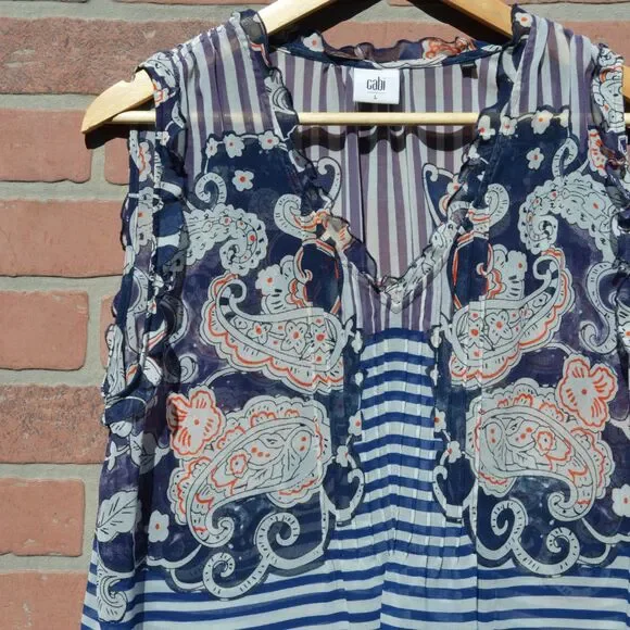 Cabi Women's Peplum with Paisely Stripes Blue Tank Top Size Large - Picture 3 of 7